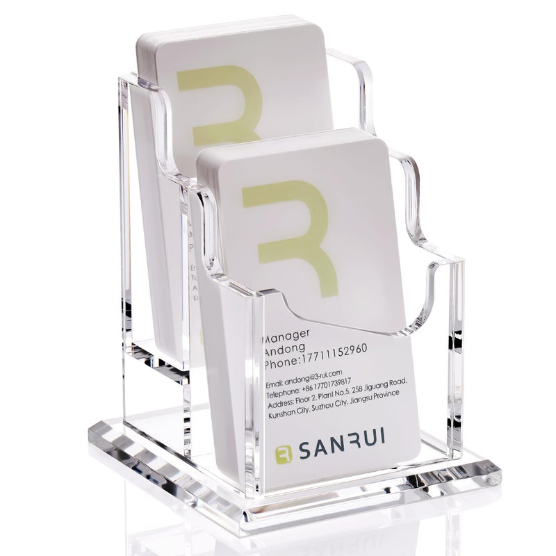 SANRUI حامل بطاقات العمل العمودي SANRUI - حامل عرض مكتبي شفاف من الأكريليك بطبقتين للمكتب، المنزل والمعرض - تصميم أنيق، متين، سهل الوصول، تخزين بطاقات احترافي، 2 فتحة - Image 1